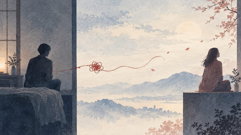 離れた二人と絡まった糸で感情の結びつきを表したイラスト
