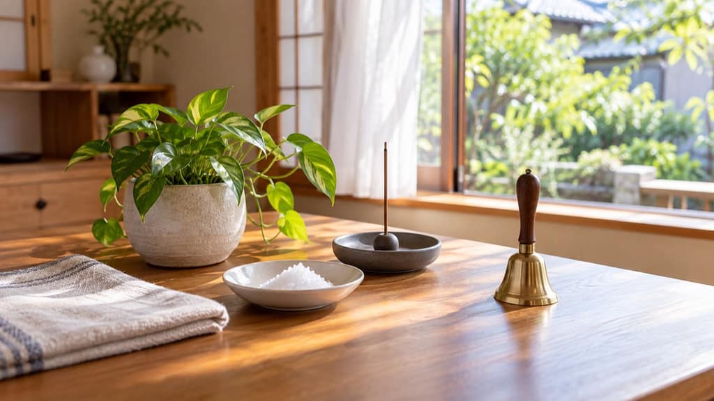 換気した部屋に置かれた塩、お香、植物、鈴