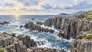 岩場と日本海を描いた福井の水彩イメージ