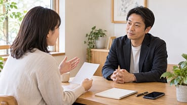 準備したメモを見ながら初回相談をする人