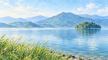 広い湖と山並みを描いた滋賀の水彩イメージ