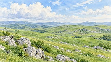 石灰岩が点在する草原を描いた山口の水彩イメージ