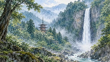 山中の滝と塔を描いた和歌山の水彩イメージ