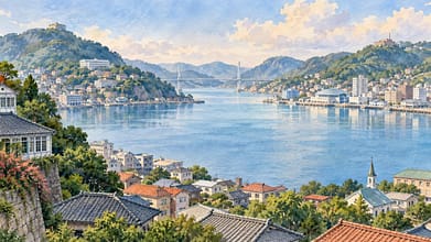 丘に囲まれた港を描いた長崎の水彩イメージ