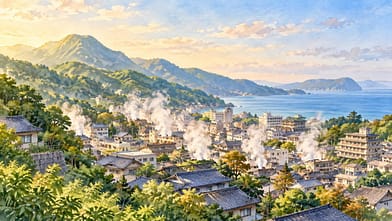 湯けむりが立つ温泉街を描いた大分の水彩イメージ