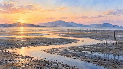 夕暮れの干潟を描いた佐賀の水彩イメージ