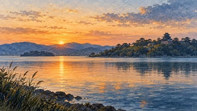 夕暮れの湖と城を描いた島根の水彩イメージ