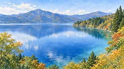 森に囲まれた湖を描いた秋田の水彩イメージ