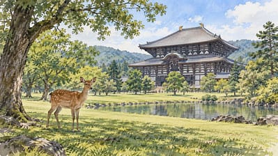寺院と鹿を描いた奈良の水彩イメージ