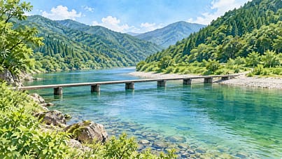 清流と沈下橋を描いた高知の水彩イメージ