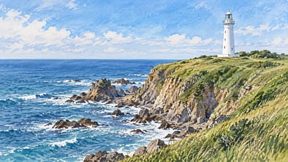 海沿いの灯台を描いた千葉の水彩イメージ