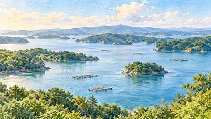 島々と養殖いかだが浮かぶ入り江を描いた三重の水彩イメージ