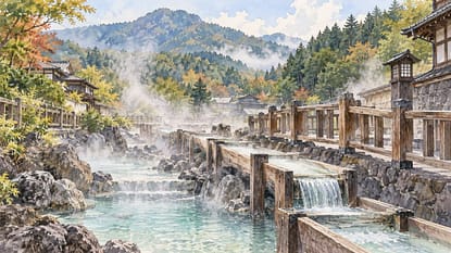 湯けむりの立つ温泉風景を描いた群馬の水彩イメージ