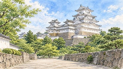 姫路城をイメージした白い城郭の水彩画
