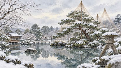 雪吊りの松がある冬の庭園を描いた石川の水彩イメージ