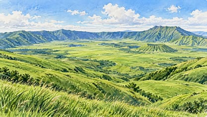 阿蘇を思わせる草原と山並みを描いた熊本の水彩イメージ
