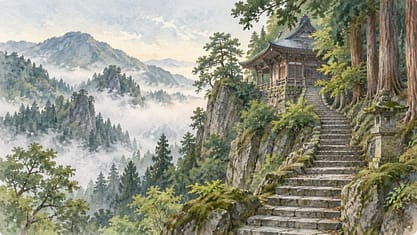山あいの寺院と石段を描いた山形の水彩イメージ