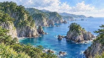 岩が連なる海岸線を描いた岩手の水彩イメージ