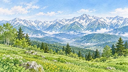 長野の北アルプスをイメージした山並みの水彩画