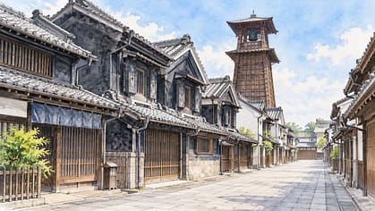 川越の蔵造りの町並みと時の鐘をイメージした水彩画
