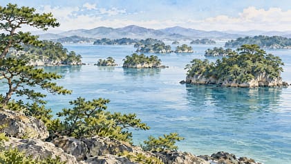 松の茂る島々と湾を描いた宮城の水彩イメージ