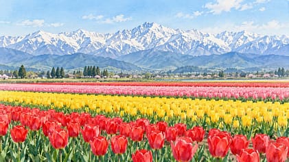 チューリップ畑と雪山を描いた富山の水彩イメージ