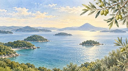 瀬戸内海の島々とオリーブを描いた香川の水彩イメージ