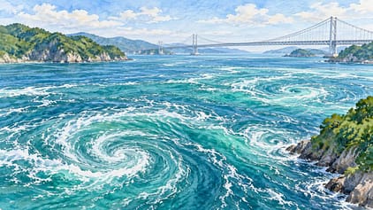 渦潮と海峡の橋を描いた徳島の水彩イメージ