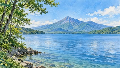 湖と山並みを描いた福島の水彩イメージ