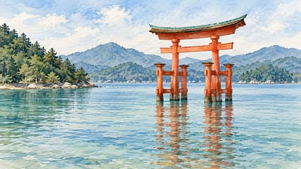 海に立つ鳥居を描いた広島の水彩イメージ