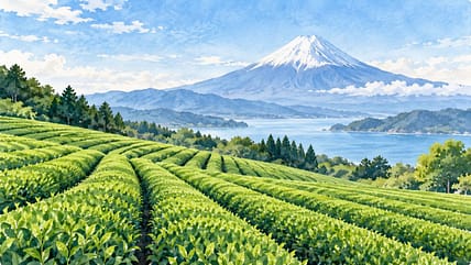 静岡の茶畑と富士山をイメージした水彩画