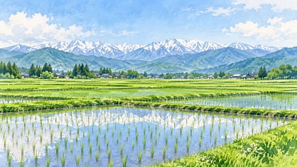 水田と雪の残る山並みを描いた新潟の水彩イメージ