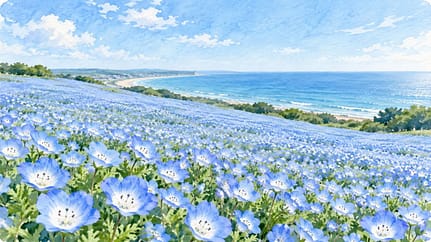 青い花畑と海を描いた茨城の水彩イメージ