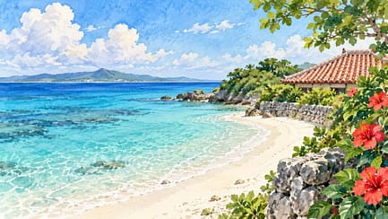 青い海と赤瓦の屋根を描いた沖縄の水彩イメージ