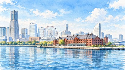 横浜の港景観をイメージした赤レンガの建物と観覧車の水彩画