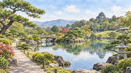 日本庭園と城を描いた岡山の水彩イメージ