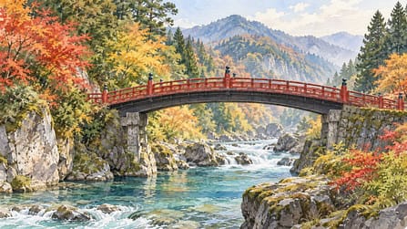 紅葉と赤い橋を描いた栃木の水彩イメージ