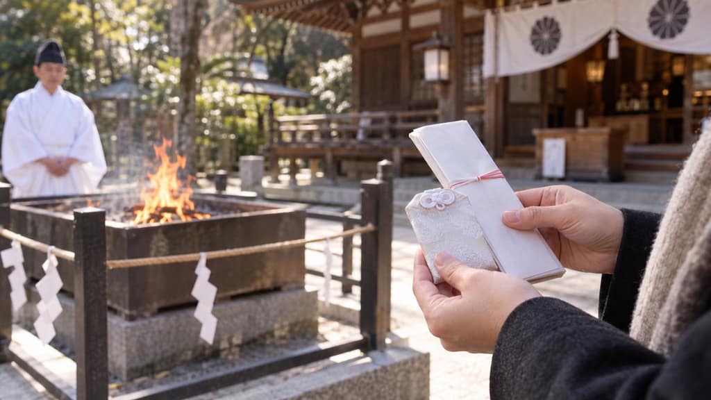 神社でお守りやお札をお焚き上げに納めるイメージ